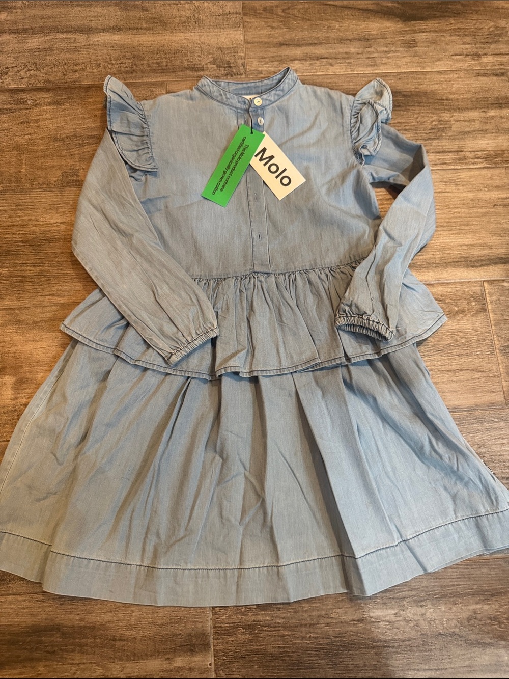 Molo Light Blue Ruffle Tiered Chambray Dress
